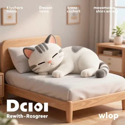 daz 3 d cat sleep on a bed in a cozy room - poster by wlop, kiyohara tama, krenz cushart, masamune shirow, makoto shinkai, yanjun cheng. featured on pixiv, ghilbi studio, anime aesthetic, cold tones, artstation, vanitas, official art, gothic dark noise film photo - up
