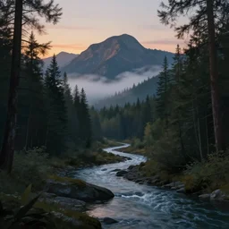 beautiful evening landscape, forest, mist, mountains, river, artstation, procreate, digital art, realistic style, digital painting