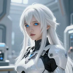 perfect white haired girl, warframe armor, beautiful, dreamy, pretty face, blue eyes, portrait, bright light, scifi, utopian architecture in the background, laboratory, 4 k, high definition, ultra realistic, intricate, glow, cinematic, extreme details, focused, masterpiece, art by akihito tsukushi, akasuki brightmind