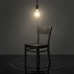 a matte painting of a chair under a lightbulb, artstation, surreal, black water, by rembrandt, chiaroscuro