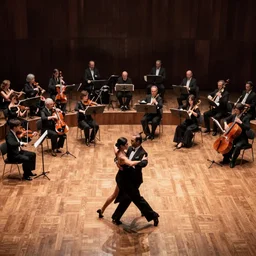 a tango orchestra performance with dancers, epic, cinematic composition, 4 k, ultrawide, wallpaper, distant shot