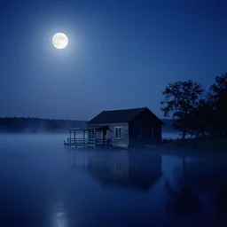 old house in the middle of the lake, fog, moon, night sky, stars, deep blue mood, old photo, by stanley kubrick