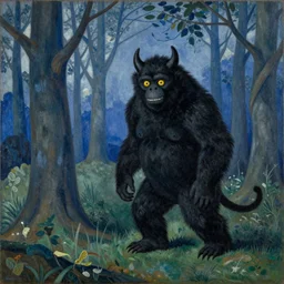 a black monster in a blue forest, by Henri Rousseau, naive, highly detailed, vintage colored photography