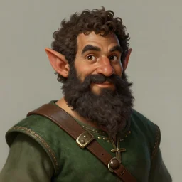 medium-length portrait of a male gnome druid with short curly hair and brown eyes, long beard, dark brown skin, happy expression, wears a combination of dark green tunic and boiled leather, medieval setting, highly detailed, digital painting, artstation, concept art, sharp focus, illustration, art by greg rutkowski and alphonse mucha