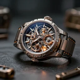 complex 3 d render of a futuristic steampunk watch lying on a table, high detail, sharp focus, glowing interior components, intricate detail, depth of field, bokeh, cinematic lighting and composition, octane render, film grain, roger dubuis
