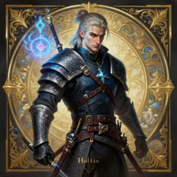 painting of a young man witcher warior with neon magic character design from baldur's gate 3, decorated, intricate, elegant, highly detailed, digital painting, artstation, concept art, smooth, sharp focus, illustration, art by artgerm and greg rutkowski and alphonse mucha, 8 k