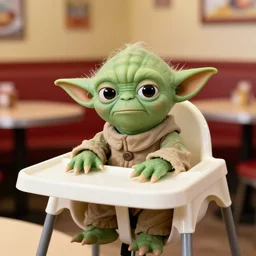 yoda sitting in a high chair at a table in the restaurant waffle house, annoyed, 3 5 mm, f / 2. 8