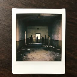 found polaroid photograph, flash, night, interior abandoned asylum, multiple madmen lunatics