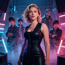portrait scarlett johansson masterpiece high fashion photography, bokeh, ready player one, scifi  repair workshop, neon lights, james gurney, katsuhiro otomo, james paick, cinematic lighting, artstation, glowsticks, smoke, Craig Mullins, Greg Rutkowski, Pete Morbacher, Tuomas Korpi, tekkon kinreet, volumetric light, artstation, , octane render, redshift render, low angle camera by Edgar Maxence and Ross Tran and Michael Whelan, Legends of Runeterra