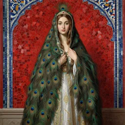 A beautiful rococo painting of a Persian woman covered in peacock feathers standing before a red mosaic wall, ultra-detailed