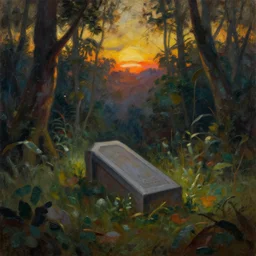 single grave in moody jungle with  backlight , sunset  oil painting panorama by  frazetta