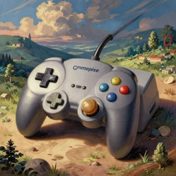 detailed colorful 19th century scientific illustration of a GameCube controller
