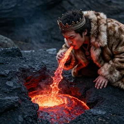 A man in a fur coat and crown taking a sip of lava from an underground lava river