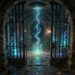 digital art of a dungeon with jail cells that use arcane energy, trending on artstation