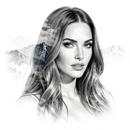 double - exposure tattoo sketch of megan fox face and beautiful mountains, mash up, blending, in the style of dan mountford