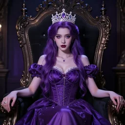 A 4k photo of young evil princess with purple hair wearing a diamond crown, sitting in a throne in a dark room.
