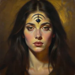 portrait of a illuminati goddess, face with the third eye, third eye on her forehead, atmospheric lighting, painted, intricate, volumetric lighting, beautiful, rich deep colours masterpiece, golden hour, sharp focus, ultra detailed, by Leesha Hannigan, Ross Tran, Thierry Doizon, Kai Carpenter, Ignacio Fernández Ríos