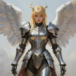 an angel woman with blonde hair and wings wearing steel armor, a detailed painting by pu hua and wlop, trending on artstation, fantasy art, artstation hd, detailed painting, anime aesthetic