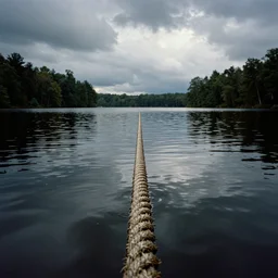 symmetrical photograph of an infinitely long rope submerged on the surface of the water, the rope is snaking from the foreground towards the center of the lake, a dark lake on a cloudy day, trees in the background, moody, kodak colorf, anamorphic lens