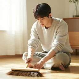 gong yoo sweeping the floor, handsome, very detailed, soft lighting, sunny day