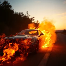 car on fire, golden hour, ultrahd, ultra sharp, hyper detailed, 8 k, shot on film camera