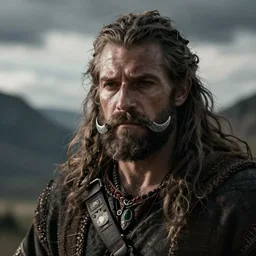 portray of fantasy barbarian with horseshoe mustache. sad and remorseful
