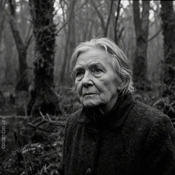 a movie still by tarkovsky close - up of an elder woman in swamp with heavy burning forest backround, mossy, by night, cinestill 8 0 0 t 3 5 mm b & w, heavy grain, high quality, noir, natural textures, photorealistic, ambient occlusion, hd, fog, criterion collection