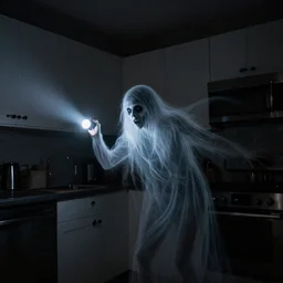 horror demon evil transparent spirit attacks in kitchen interior photo shot on iphone, dynamic pose, middle body shot, sharp focus, grainy, corpse, paranormal flashlight, night, total darkness, poltergeist, aberrations,