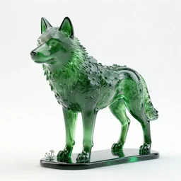 transparent dark green glass sculpture of a wolf growing flowers on its body. extremely detailed. 4 k. volumetric lighting. cycles render. ray tracing.