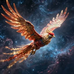 a fantasy phoenix flying through nebulous space, artstation, digital art, 4k, by Kawase Hasui, high detail, concept art, fantasy