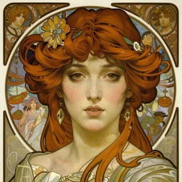 realistic detailed face portrait of Mata Hari by Alphonse Mucha, Ayami Kojima, Yoshitaka Amano, Charlie Bowater, Karol Bak, Greg Hildebrandt, Jean Delville, and Mark Brooks, Art Nouveau, Pre-Raphaelite, Neo-Gothic, gothic, Art Nouveau, intricate fine details, exquisite, rich deep moody colors, beautiful detailed background