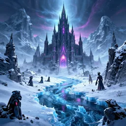mystical dark fortress by icy river through infinite snowy mountaintops, synthwave, bright neon colors, highly detailed, cinematic, tim white, vladimir kush, philippe druillet, roger dean, bob eggleton, michael whelan, boris vallejo, alfred kelsner, kubrick, jaroslaw jasnikowski
