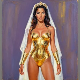 sc - fi movie poster from the 5 0's, young bride dejah thoris, gold bikini armor, acrylic painting, by leyendecker
