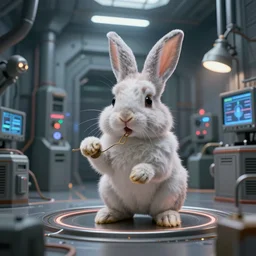 a fluffy bunny rabbit inventing time travel inside a secret military facility. big budget science fiction movie.