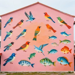 an enormous mural in pink and orange, many colorful birds and exuberant fish kissing, urban Street art by refreshink, l7m, pantone, ghibli, alphonse mucha, Gustav klimt