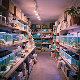 placid pastel deep cozy moody cluttered painterly fluffy tiny cramped pet store counter, aisles of aquariums, slanted ceiling, tiny space, particulate, trending on pixiv