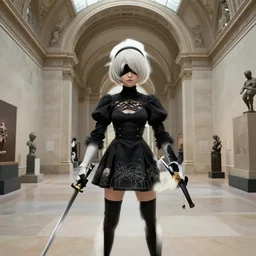 Screenshot from Nier Automata inside the Louvres museum