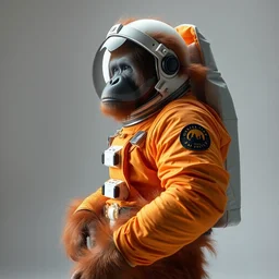 studio photo still of a full body orangutan in a!!!! space suit!!!!, 8 k, studio lighting, key light from right side,