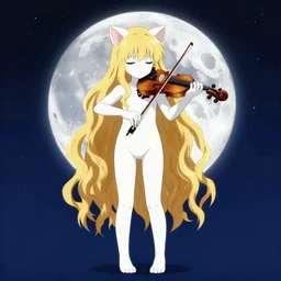 teen, cute, melancholy, full body, cat girl, white skin, golden long wavy hair, holding a violin and playing a song, stunning art style, filters applied, lunar time, night sky, trending art, sharp focus, centered, landscape shot, fate zero, simple background, studio ghibly makoto shinkai yuji yamaguchi, by wlop
