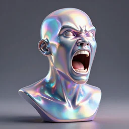 3d render of holographic angry human robotic screaming angry bust made of glossy iridescent, screaming, bust, surrealistic 3d illustration of a human non-binary, non binary model, 3d model human, cryengine, made of holographic texture, holographic material, holographic rainbow, concept of cyborg and artificial intelligence