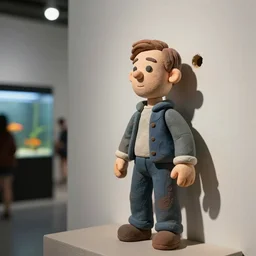 plasticine model of stop motion figures clay. minimal. tilt shift. fish tank in. gallery. visitors. photorealistic. john craxton. small hole in wall