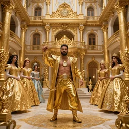 el chapo is a genie standing in the middle of a grandiose mexican mansion. everything is made out of gold. the mansion is incredible and ornate. chapo has a clockwork chain. there are princesses and queens everywhere around him because they love him. wearing a genie costume. lovely scene of a genie being a pimp