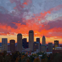 winnipeg skyline, sunset, vivid colors, painting by tom thompson, 4 k