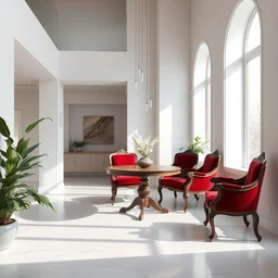 a modern indoor room, clean architecture, deep crimson colored baroque chairs and a wooden baroque round table, some fresh plants, daylight, peaceful, 8 k octane render