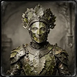 old tintype portrait of a realistic armour made of leaves, no face, dramatic light, dystopian environment, intricate, elegant, highly detailed, centered headdress, artstation, concept art, sharp focus, artgerm, tomasz alen kopera, peter mohrbacher, donato giancola, joseph christian leyendecker, wlop, boris vallejo
