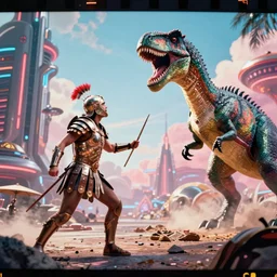 35mm film still, gladiator fighting dinosaurs in the future, vibrant