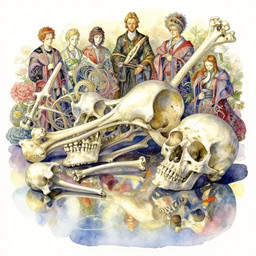 a beautiful insanely intricate watercolor illustration of stil life with bones, reflexions, colorfull, by william turner art, by greg rutkowski, by james jean, by rossdraws, by frank franzzeta, by sakimichan, by edmund dulac, trending on artstation, insanely detailed, masterpiece,