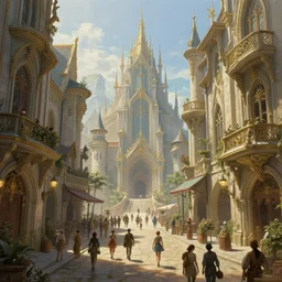 a busy fantasy street scene from within a beautiful and ornate city, hyper realistic digital art, beautiful painting, detailed, cinematic, great composition