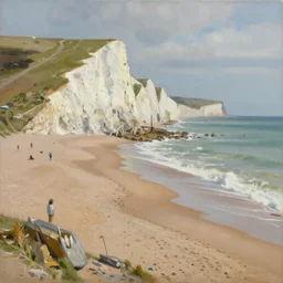 painting of long sand beach and cliffs by john howe