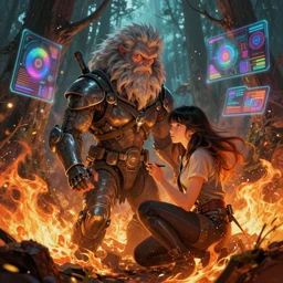 illustration of h. r. giger and liliia sitailo, artist paint in air colorful elements of bright sci - fi hologram elements, forest in fire, dramatic, sharp focus, depth of field, highly detailed, artstation, digital art, volumetric light, dynamic, expression